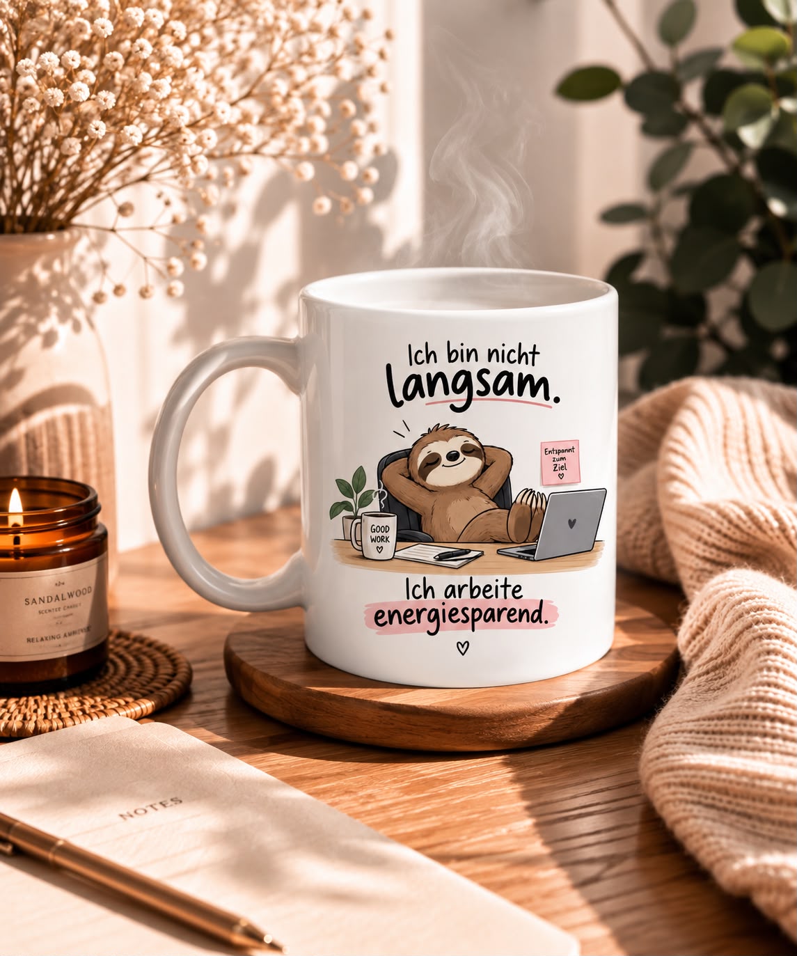 Tasse mit Faultier am Laptop und dem Spruch Ich bin nicht langsam. Ich arbeite energiesparend.
