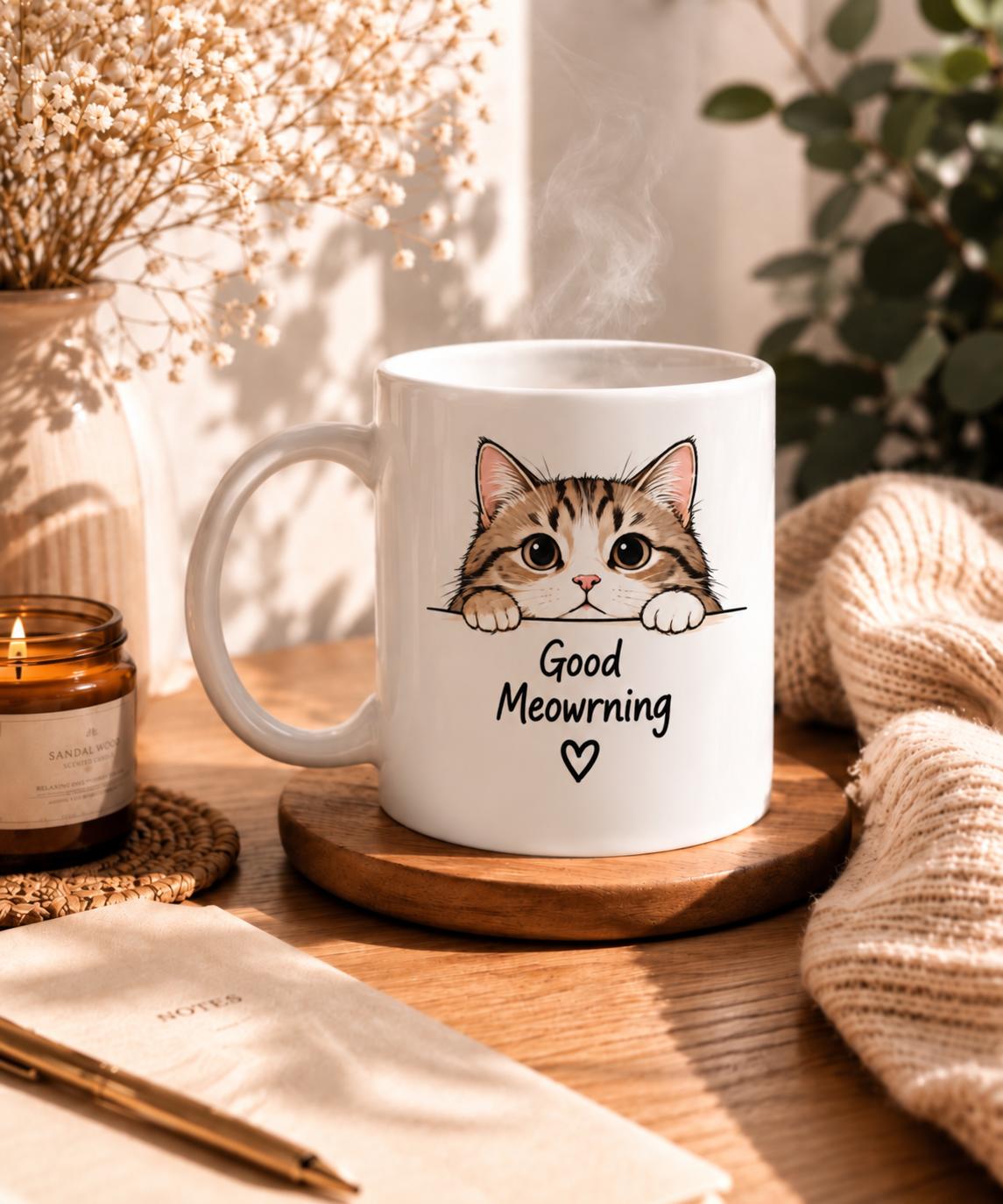 Tasse mit neugieriger Katze und dem Spruch Good Meowning