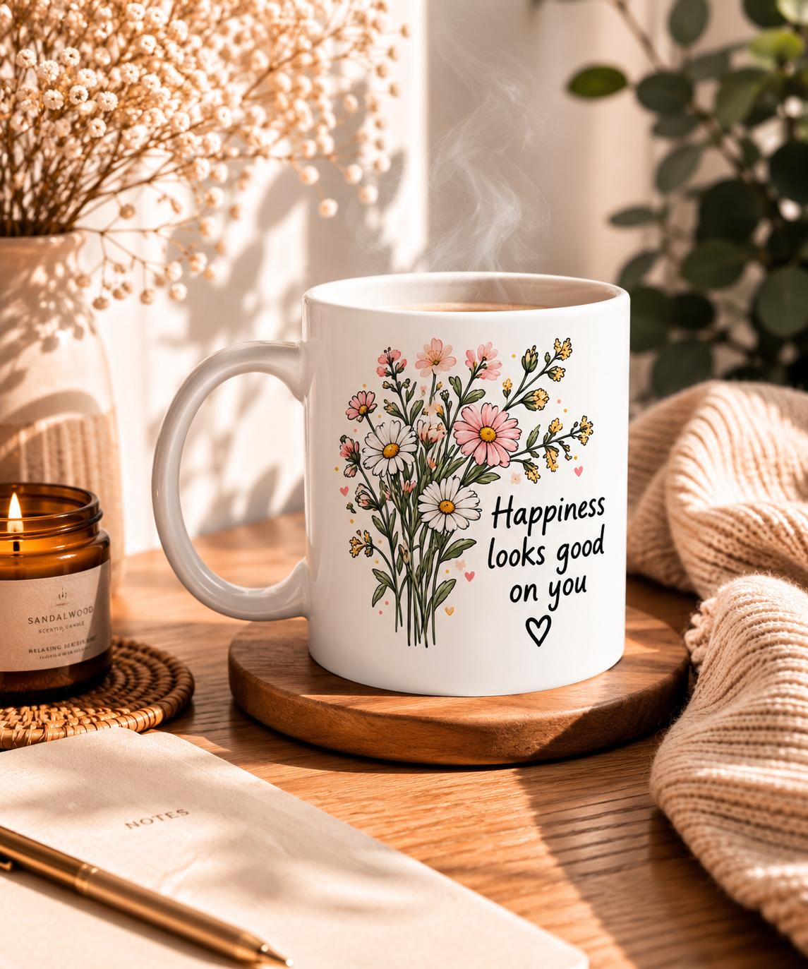 Tasse mit einem Strauß bunter Wiesenblumen und dem Spruch Happiness looks good on you