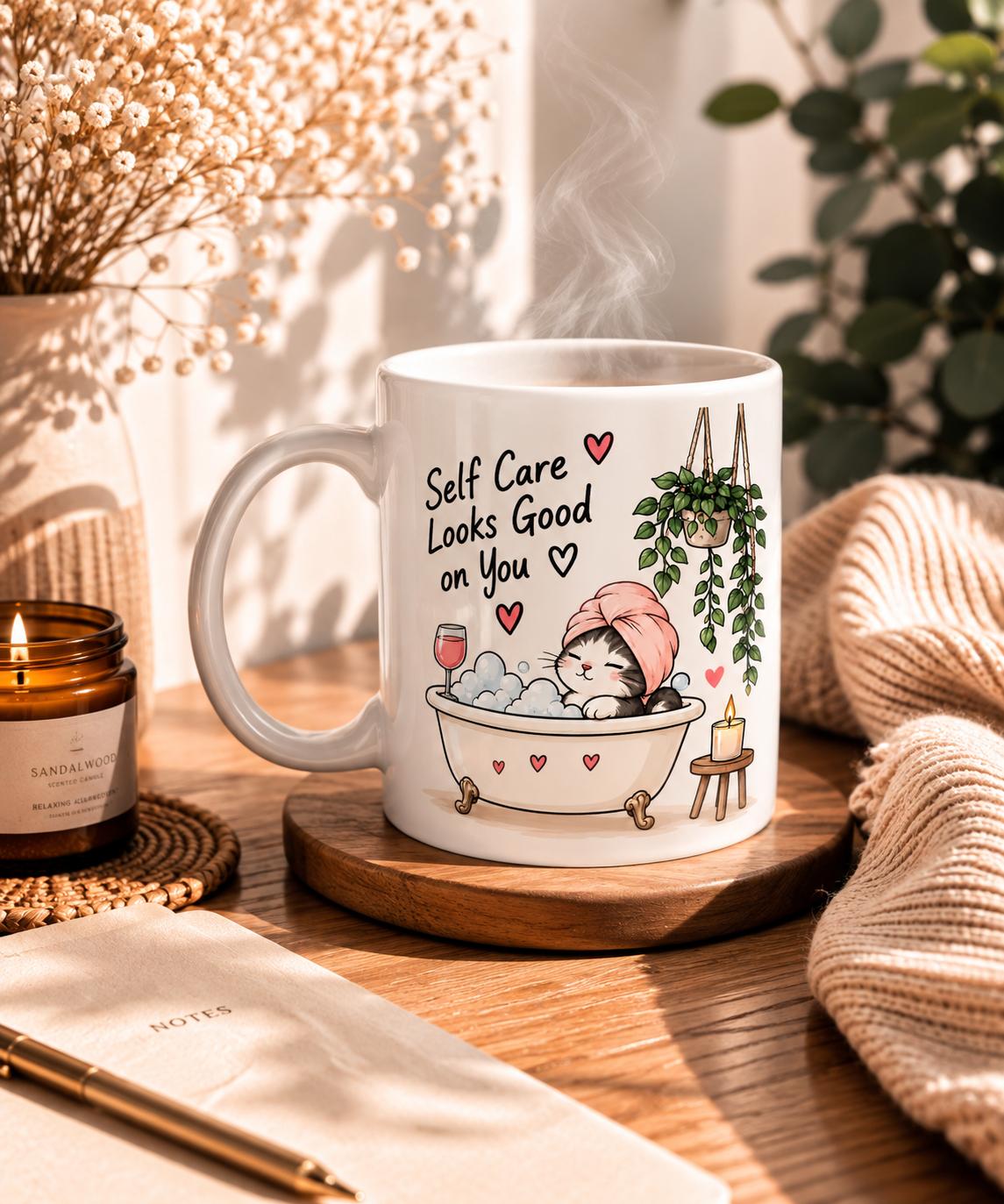 Tasse mit entspannter Katze in einer Badewanne