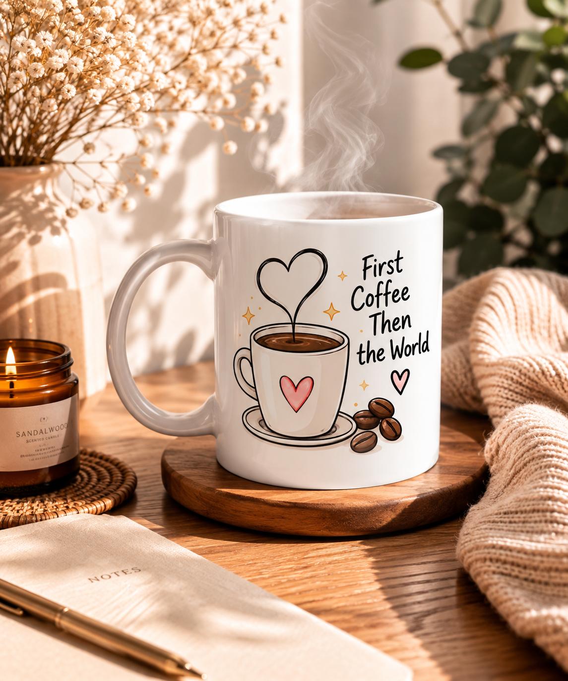 Tasse mit Kaffeetasse und herzförmigem Dampf und dem Spruch First Coffee Then the World