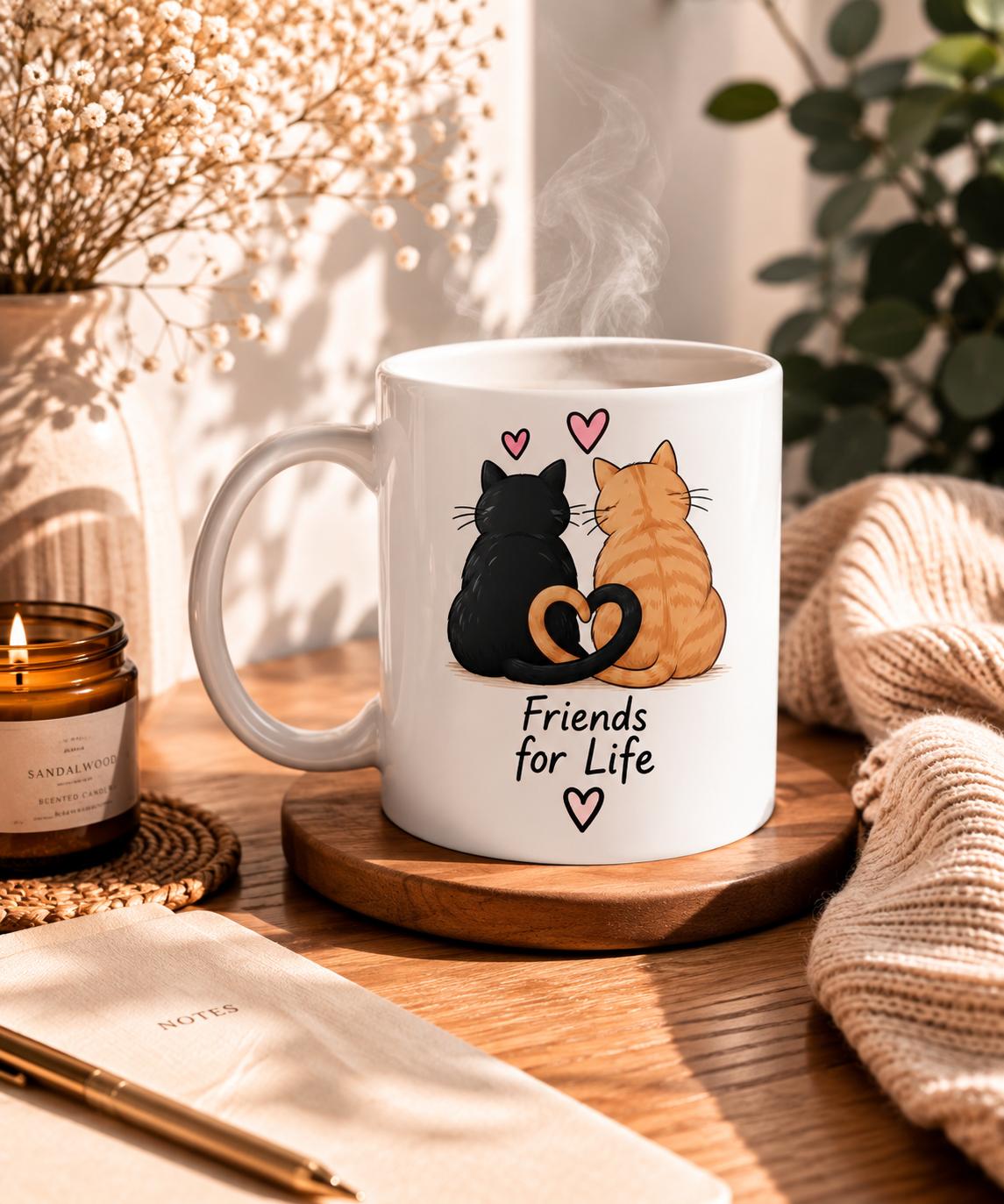 Tasse mit zwei Katzen, deren Schwänze ein Herz formen, und dem Spruch Friends for Life