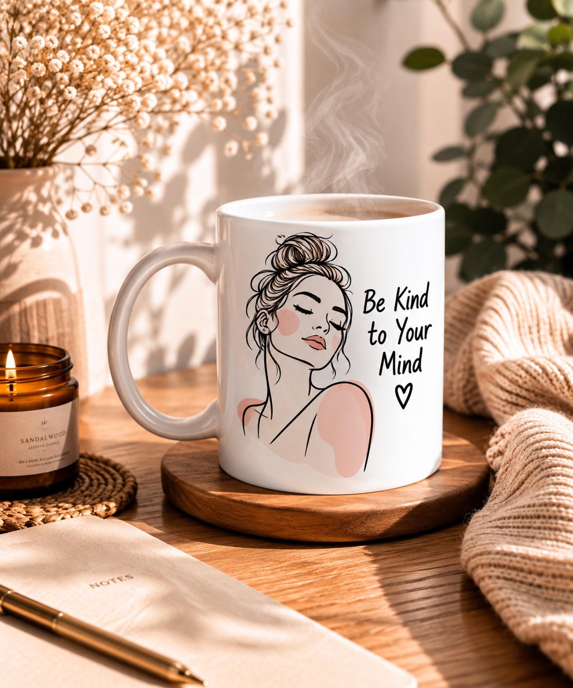 Tasse mit Frauenillustration und dem Spruch Be Kind to Your Mind