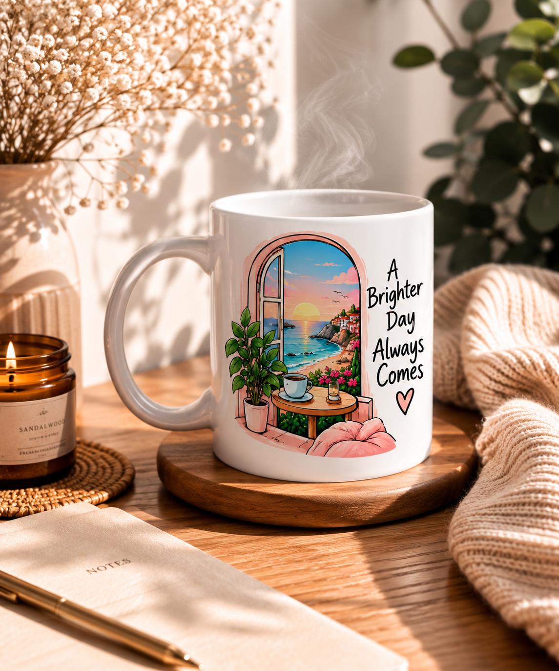 Tasse mit Meerblick durch ein Fenster und dem Spruch A Brighter Day Always Comes