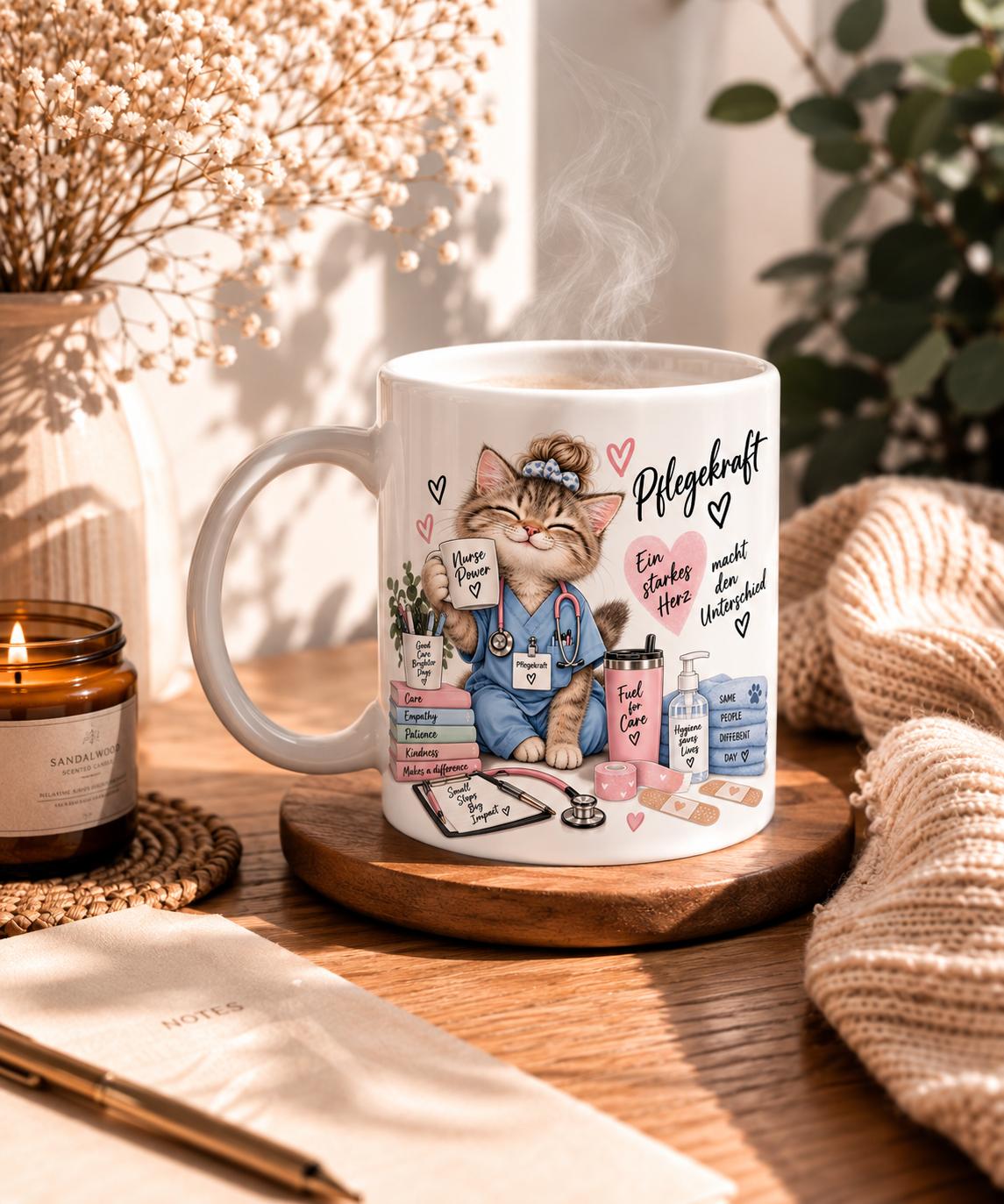 Tasse mit Katze in Pflegekleidung und dem Spruch Pflegekraft