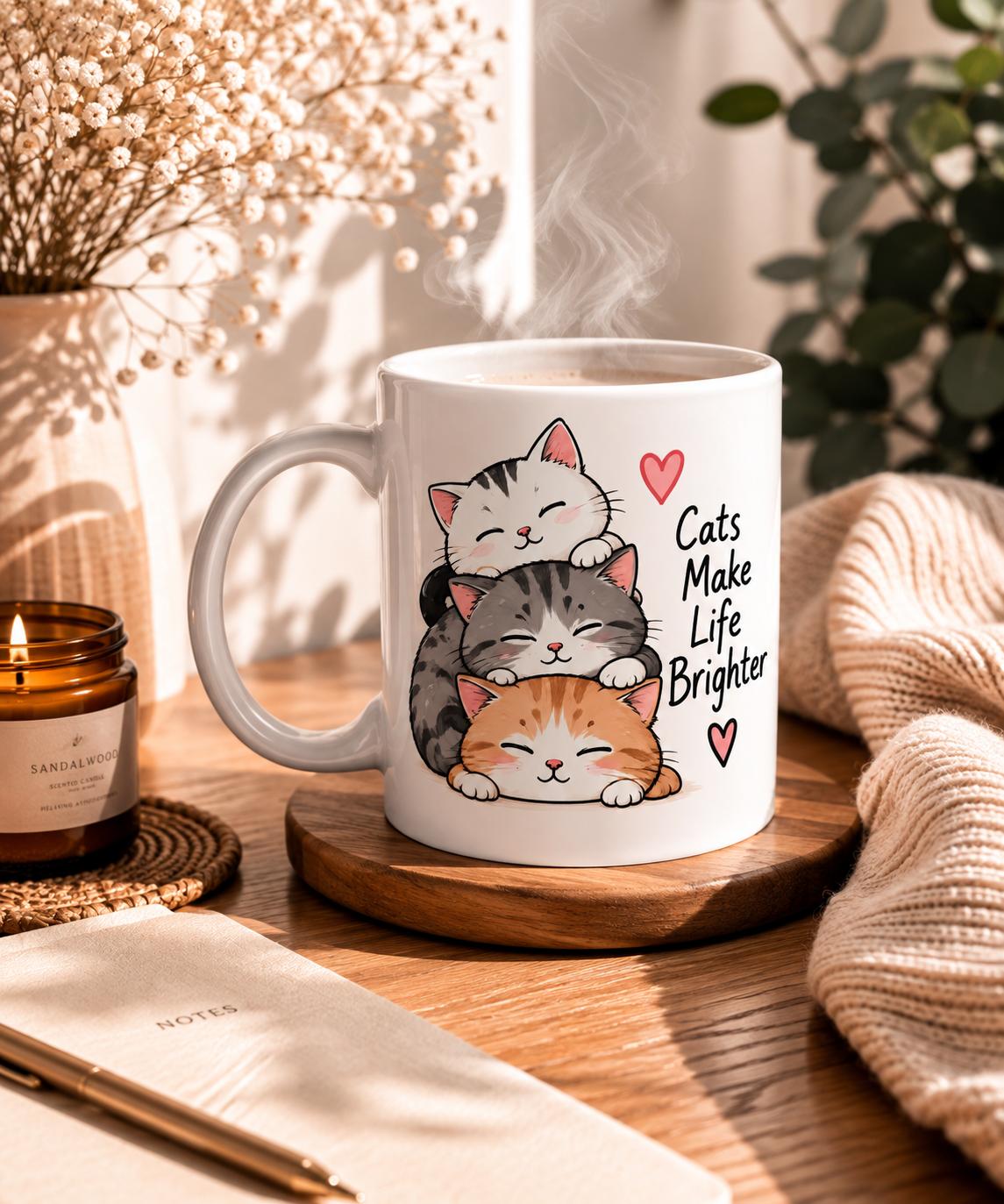 Tasse mit drei schlafenden Katzen und dem Spruch Cats Make Life Brighter