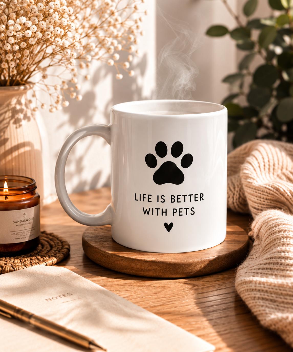 Tasse mit Pfotenabdruck und dem Spruch Life Is Better with Pets