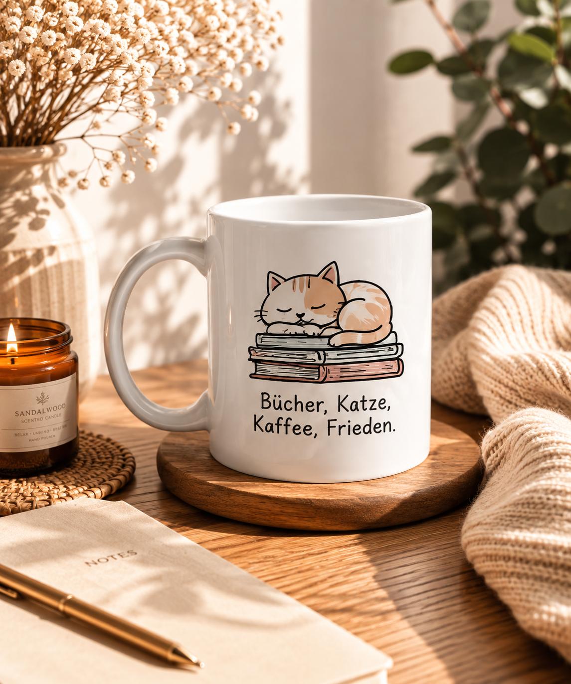 Tasse mit einer Katze auf einem Bücherstapel