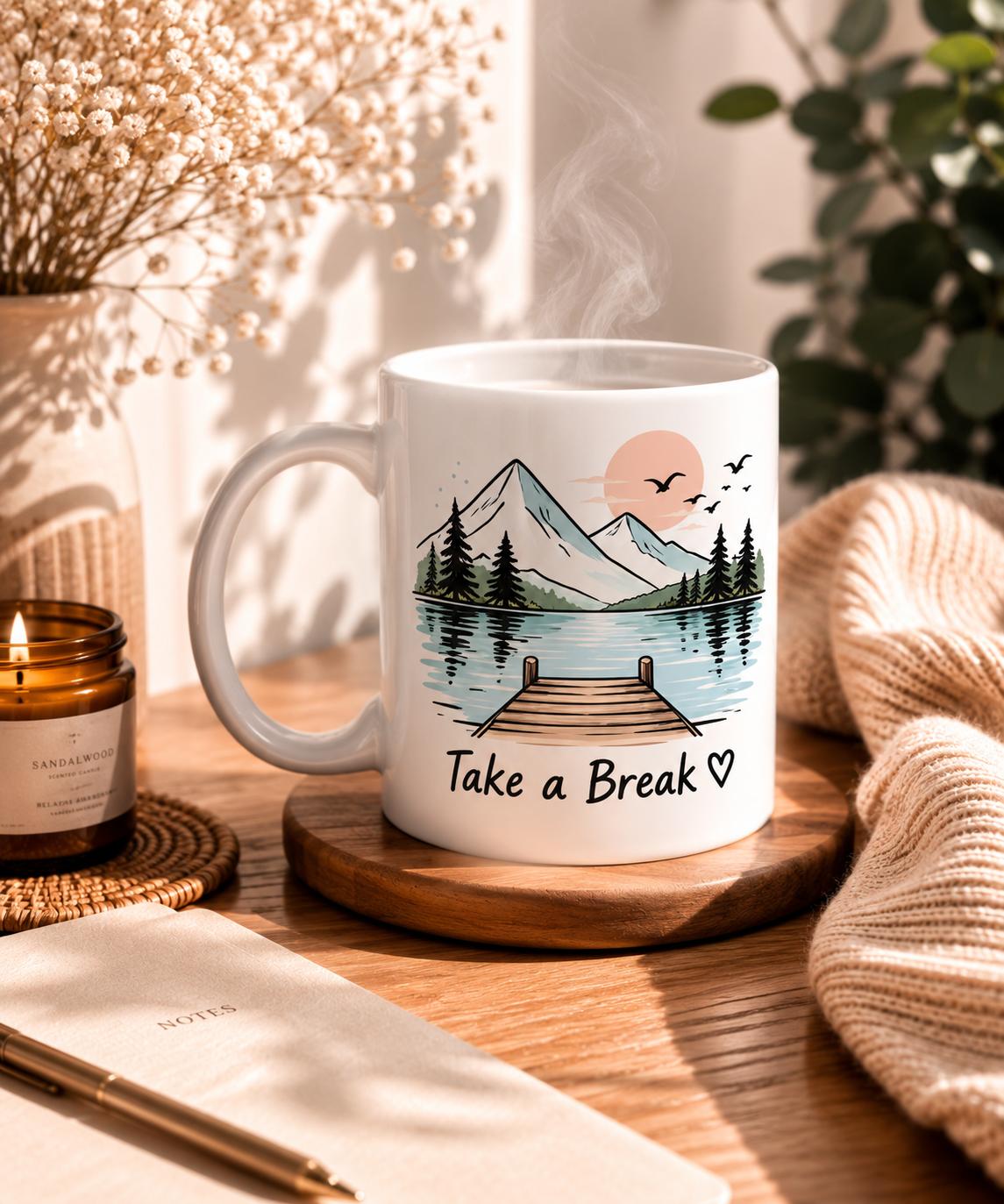 Tasse mit Holzsteg an einem Bergsee und dem Spruch Take a Break